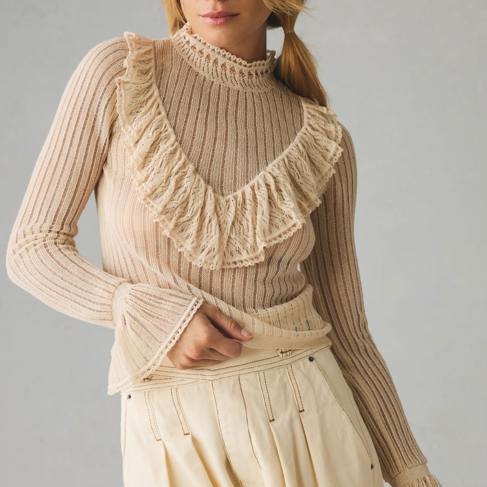 By Anthropologie Sheer Ruffle Sweater Size M Ivory